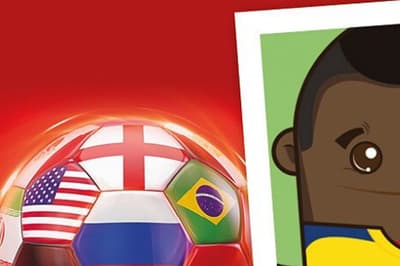 A cartoony football card of a brazilian footballer, next to a football with hexagonal national flags painted all over it.