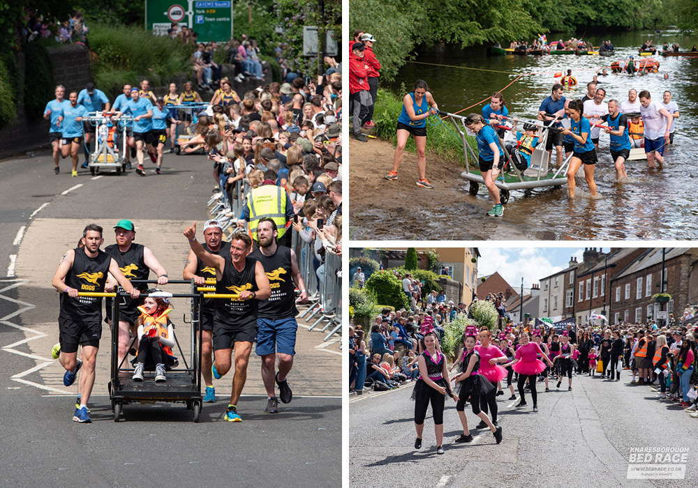 3 images from the Knaresborough Bed Race from 2024 with various particants crossing the River Nid and running around the course cheered on by onlookers and supporters